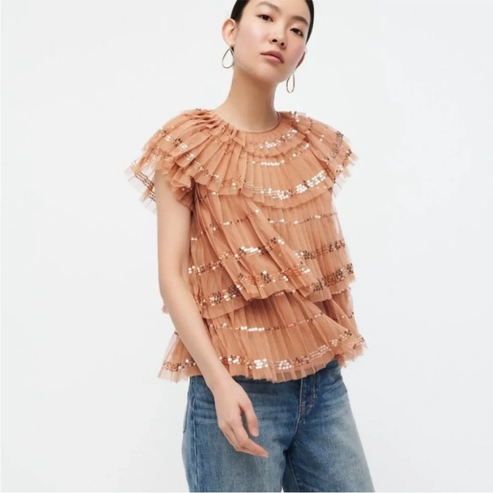 J.Crew Collection sequin tulle tiered ruffle top Small